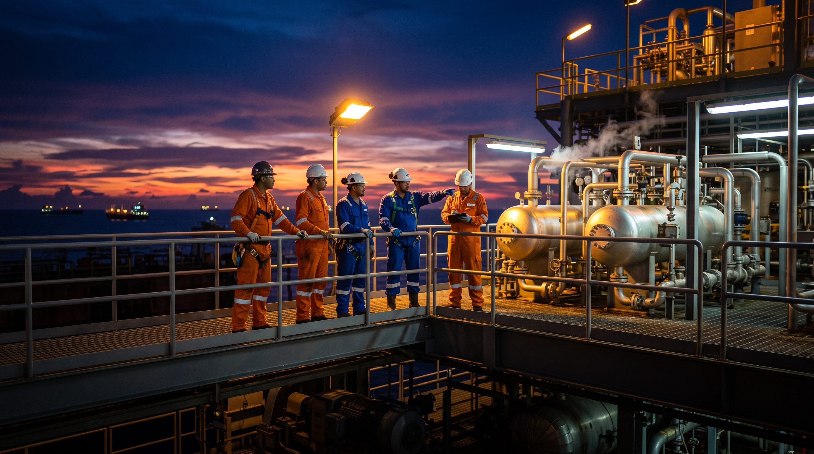 Equipa técnica equipada em operação industrial