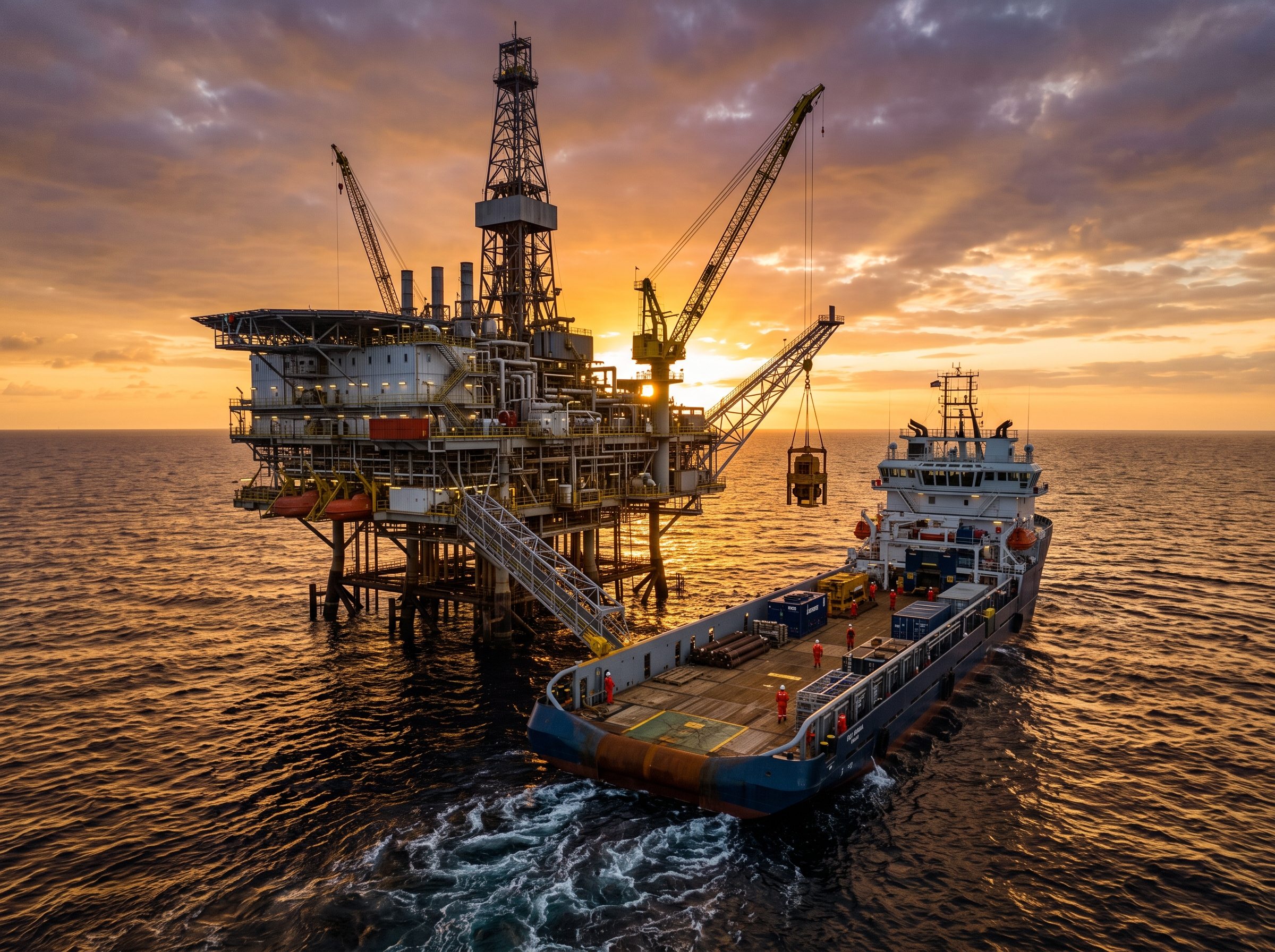 Unidade offshore e embarcação de apoio ao pôr do sol