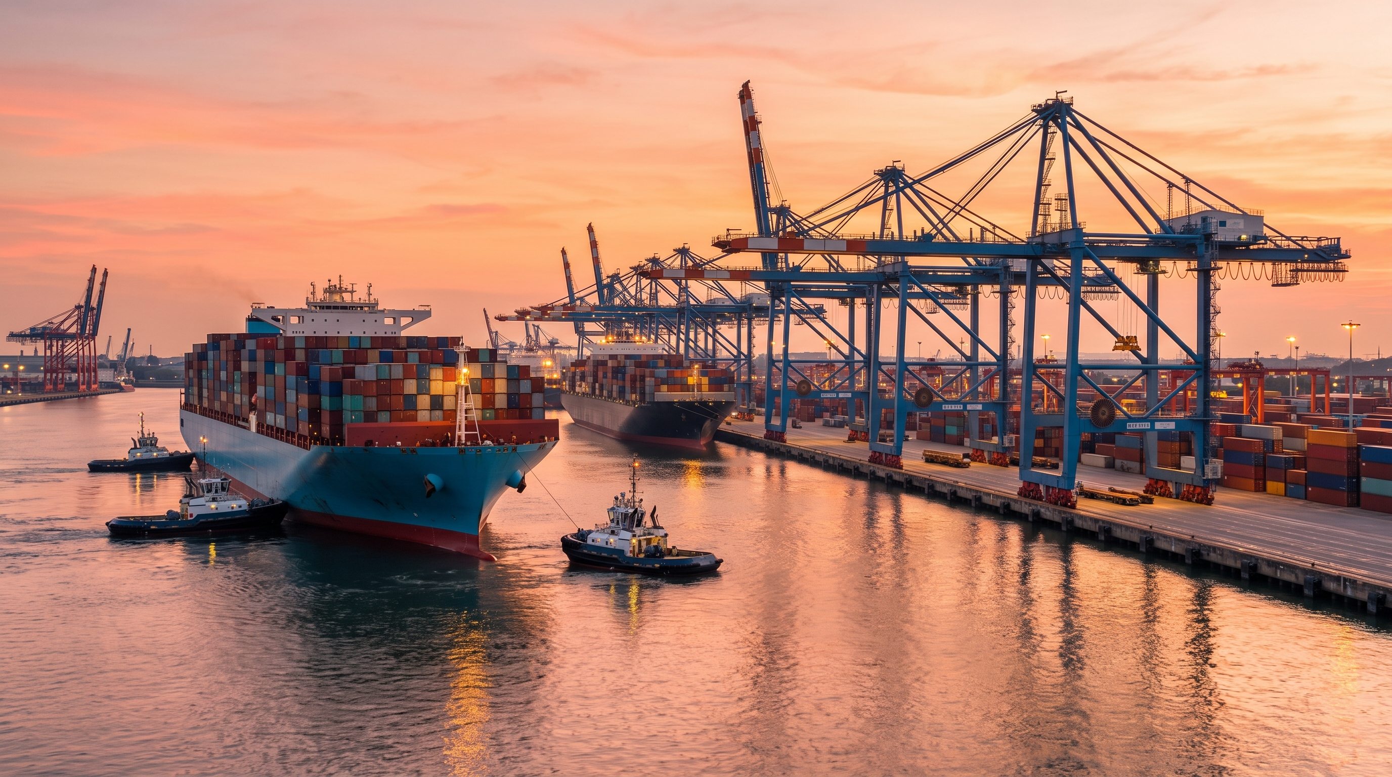 Terminal portuário com contentores, navios e gruas